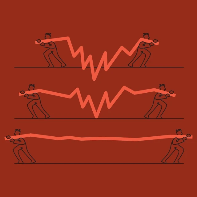 Minimalist illustration of three horizontal lines with figures holding onto a fluctuating orange line against a solid red backdrop.