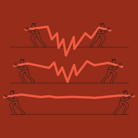 Minimalist illustration of three horizontal lines with figures holding onto a fluctuating orange line against a solid red backdrop.