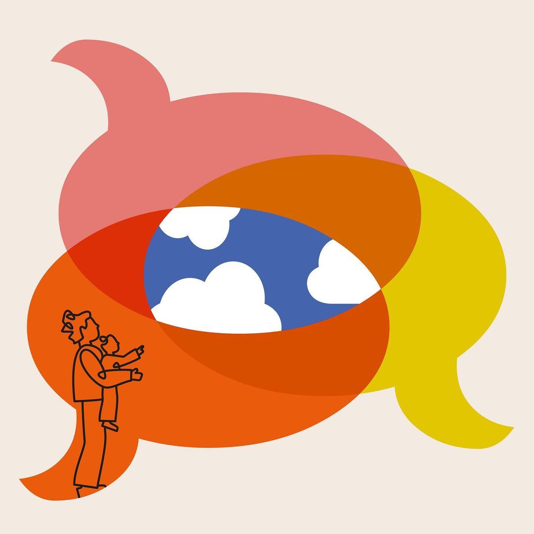 Line art illustration of an adult and child looking up at clouds within speech bubbles, expressing communication and shared observation.