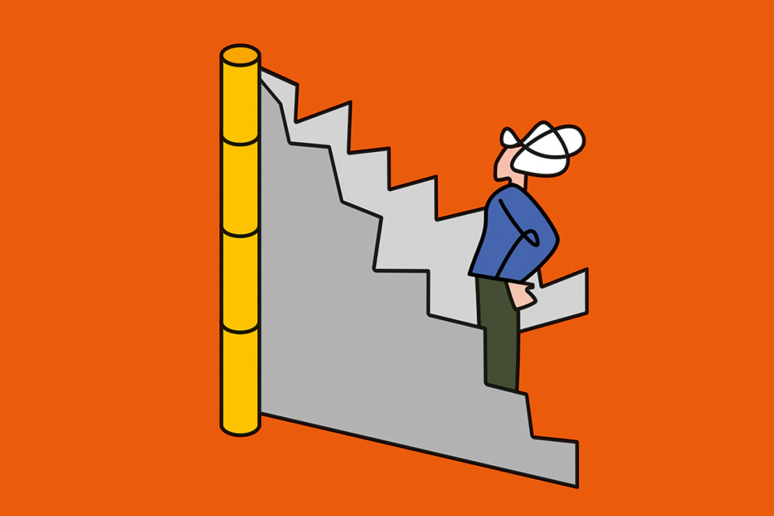 Illustration of an adult on stairs, with a minimal design and an orange background. The figure is looking upwards, towards the top.