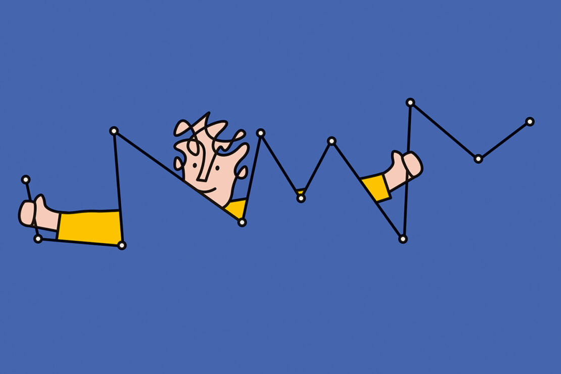 Cartoon illustration of a person partially visible behind a zigzag line graph, isolated against a solid blue background.