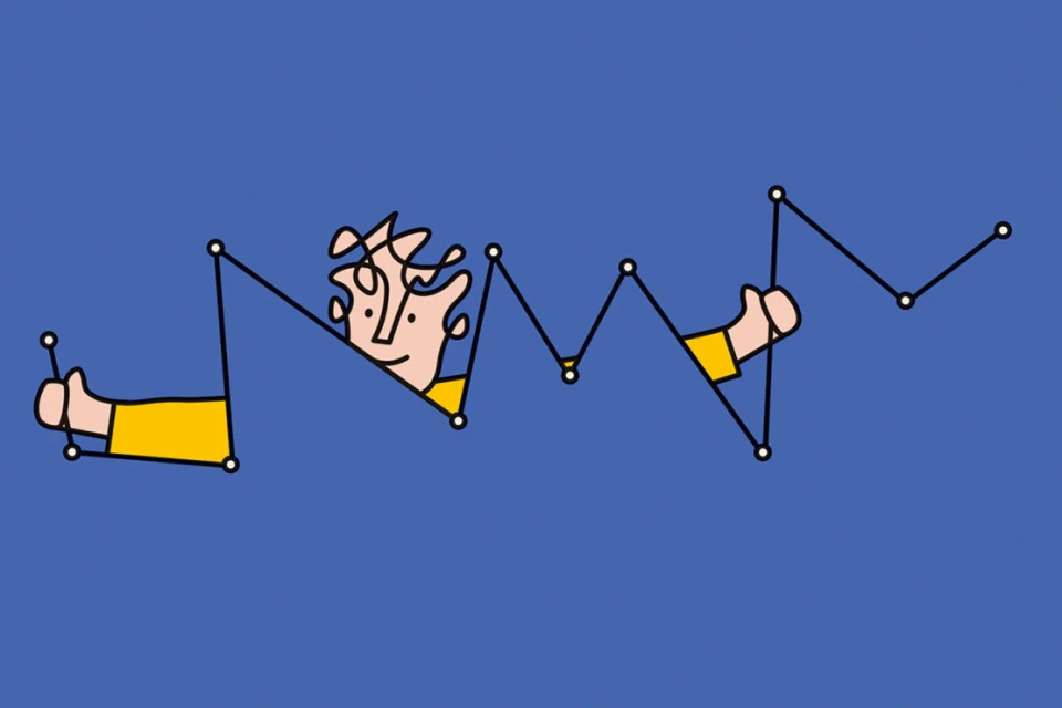 Cartoon illustration of a person partially visible behind a zigzag line graph, isolated against a solid blue background.