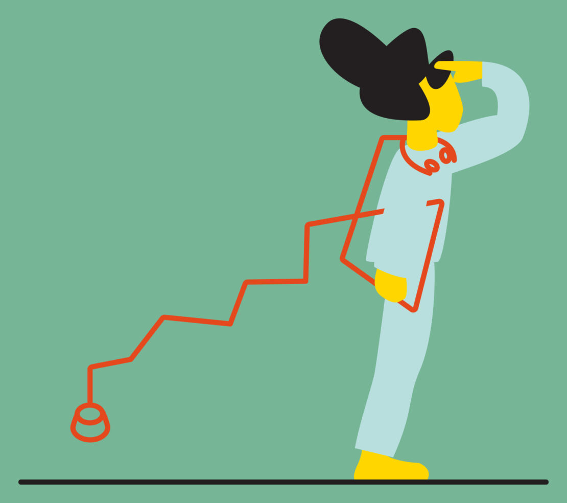 Illustration of a person in a hat looking up towards a line graph with block steps, rendered in a flat, graphic style on teal.
