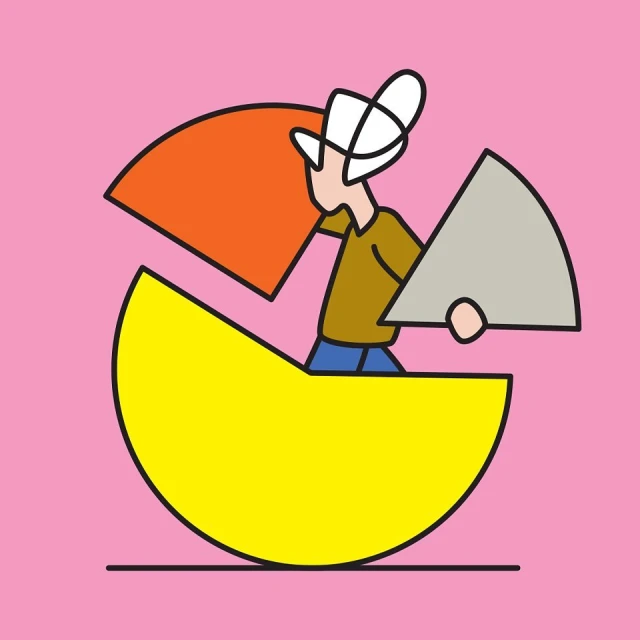 Illustration of a person inserting a piece into a large pie chart, rendered in a cartoon style with bright colors on a pink background.