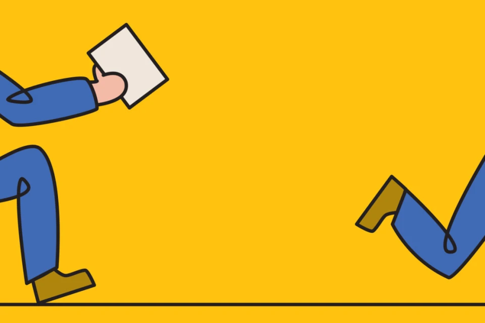 Abstract vector art depicting two business persons exchanging documents, rendered in simple lines and a bright yellow backdrop.
