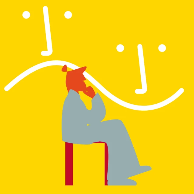 Stylized digital art of a seated figure in gray with a red head, set against a vibrant yellow background with abstract smile faces.