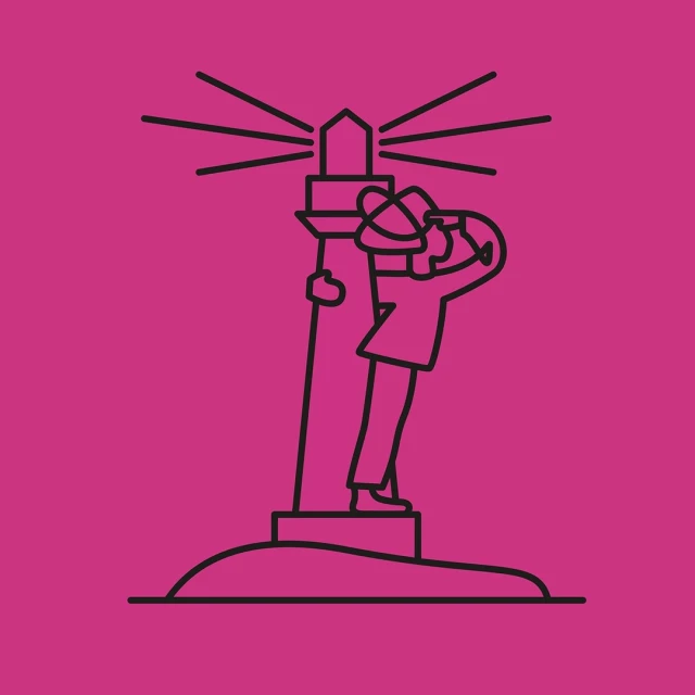 Illustration of a lighthouse with radiating light beams, next to a person with binoculars, set against a bright pink background.