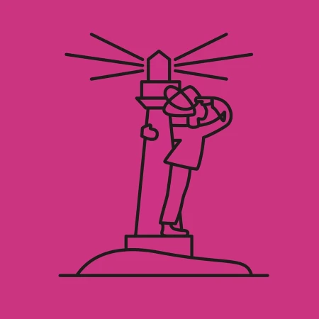 Illustration of a lighthouse with radiating light beams, next to a person with binoculars, set against a bright pink background.