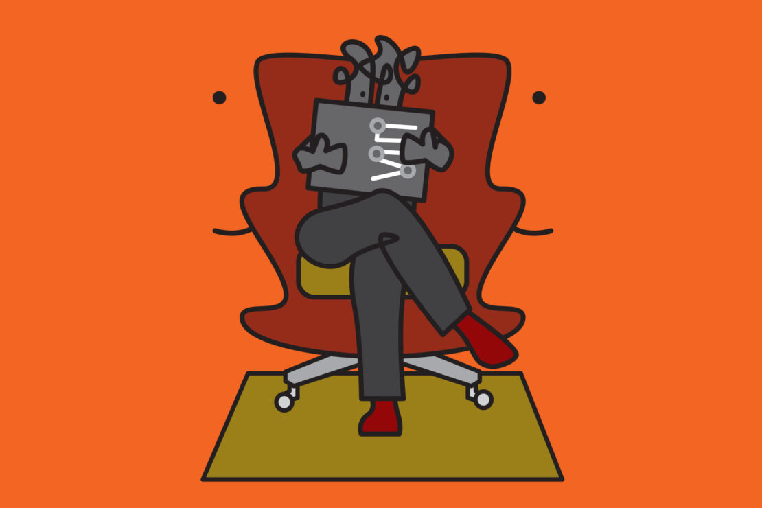 Illustrated humanoid figure with a rectangular head sits in a red chair with arms crossed against an orange background.