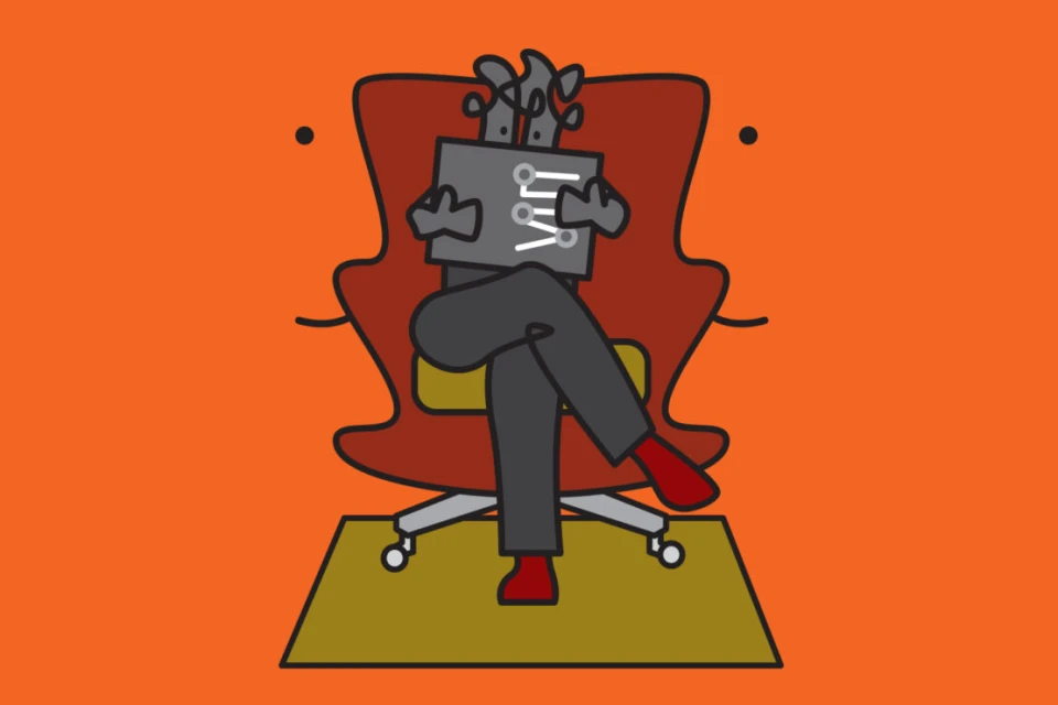 Illustrated humanoid figure with a rectangular head sits in a red chair with arms crossed against an orange background.