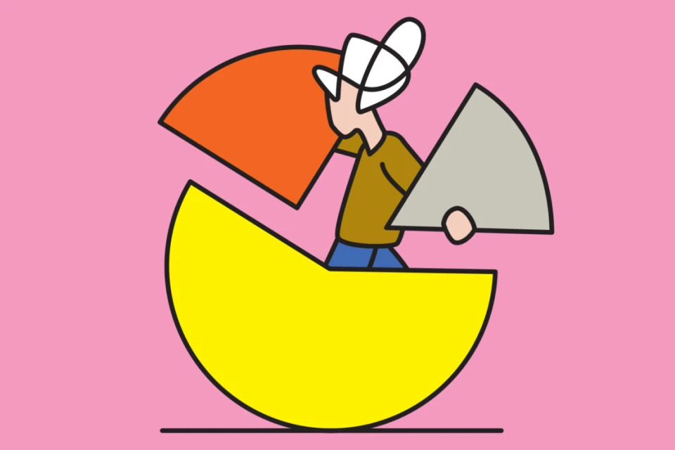 Illustration of a person inside a partially-eaten yellow circle holding a gray piece with orange element on pink background.