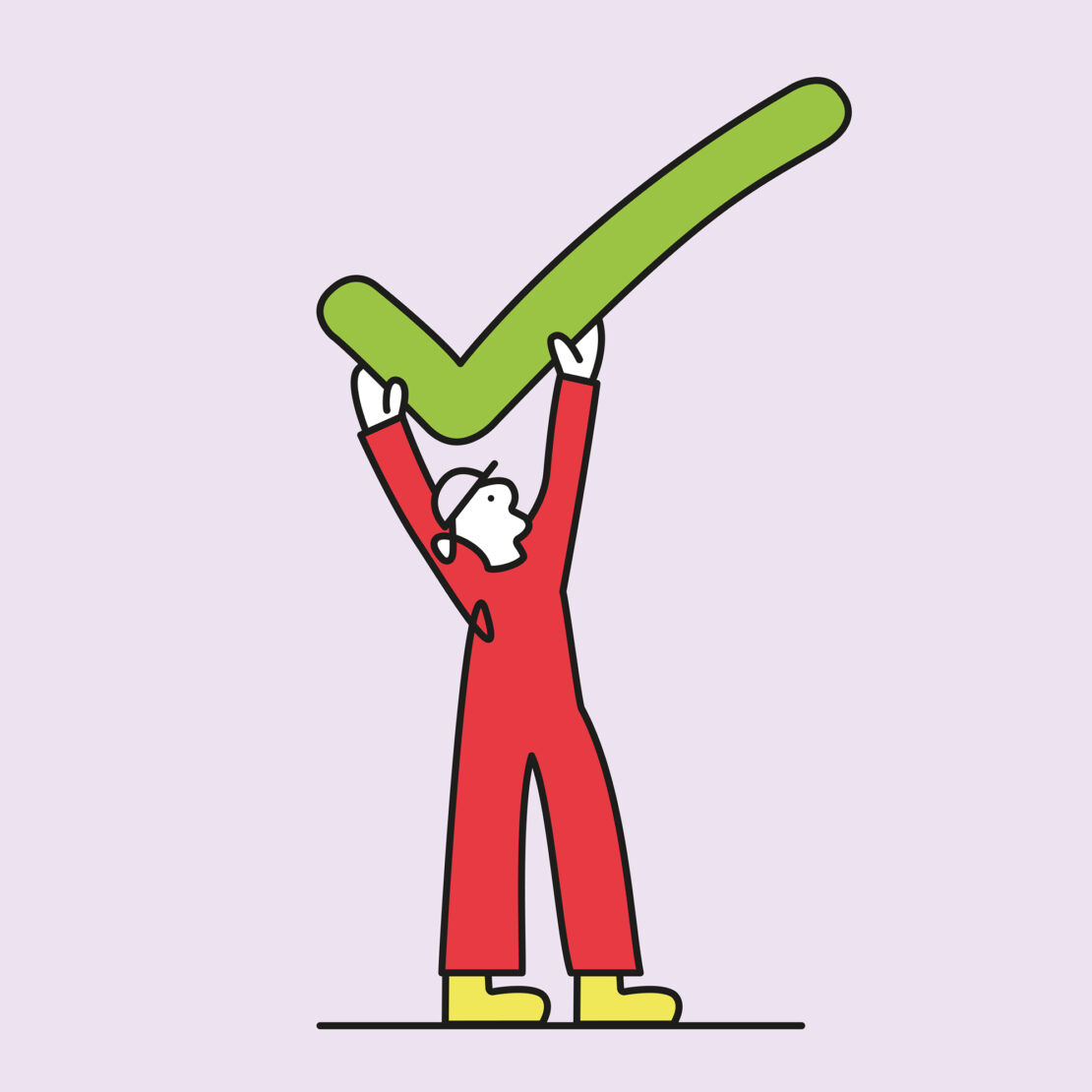 Illustration of a person holding a large green check mark above their head, set against a light purple background.
