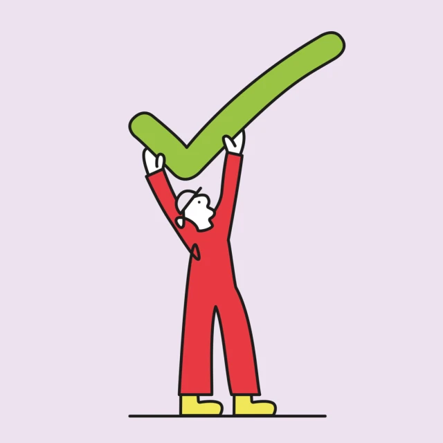Illustration of a person holding a large green check mark above their head, set against a light purple background.