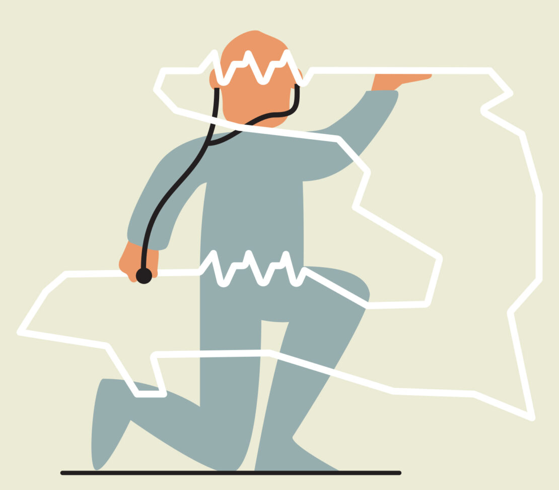 Illustration of a person in a grey jumpsuit kneeling, holding a jagged white line representing healthcare or technology data.