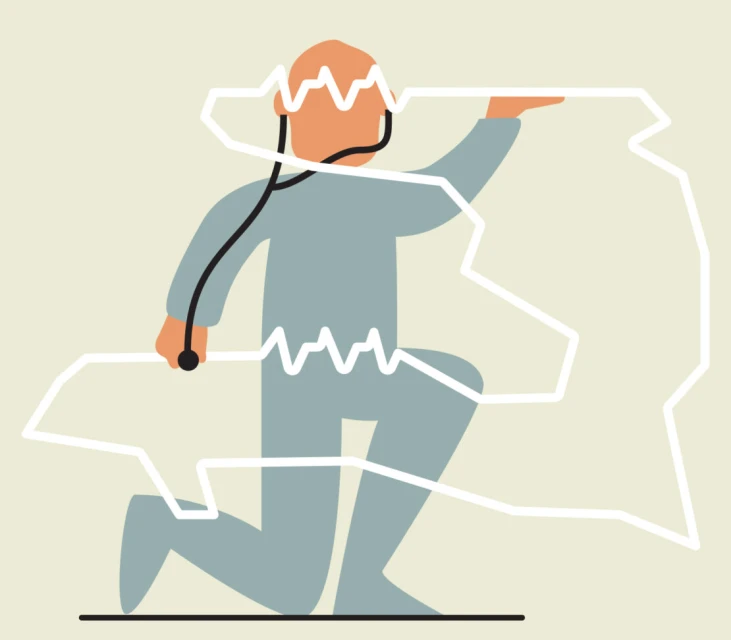 Illustration of a person in a grey jumpsuit kneeling, holding a jagged white line representing healthcare or technology data.