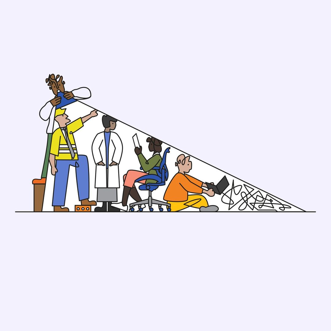 Illustration featuring a diverse group of people in various roles, standing under a triangle of light on a solid light-purple background.