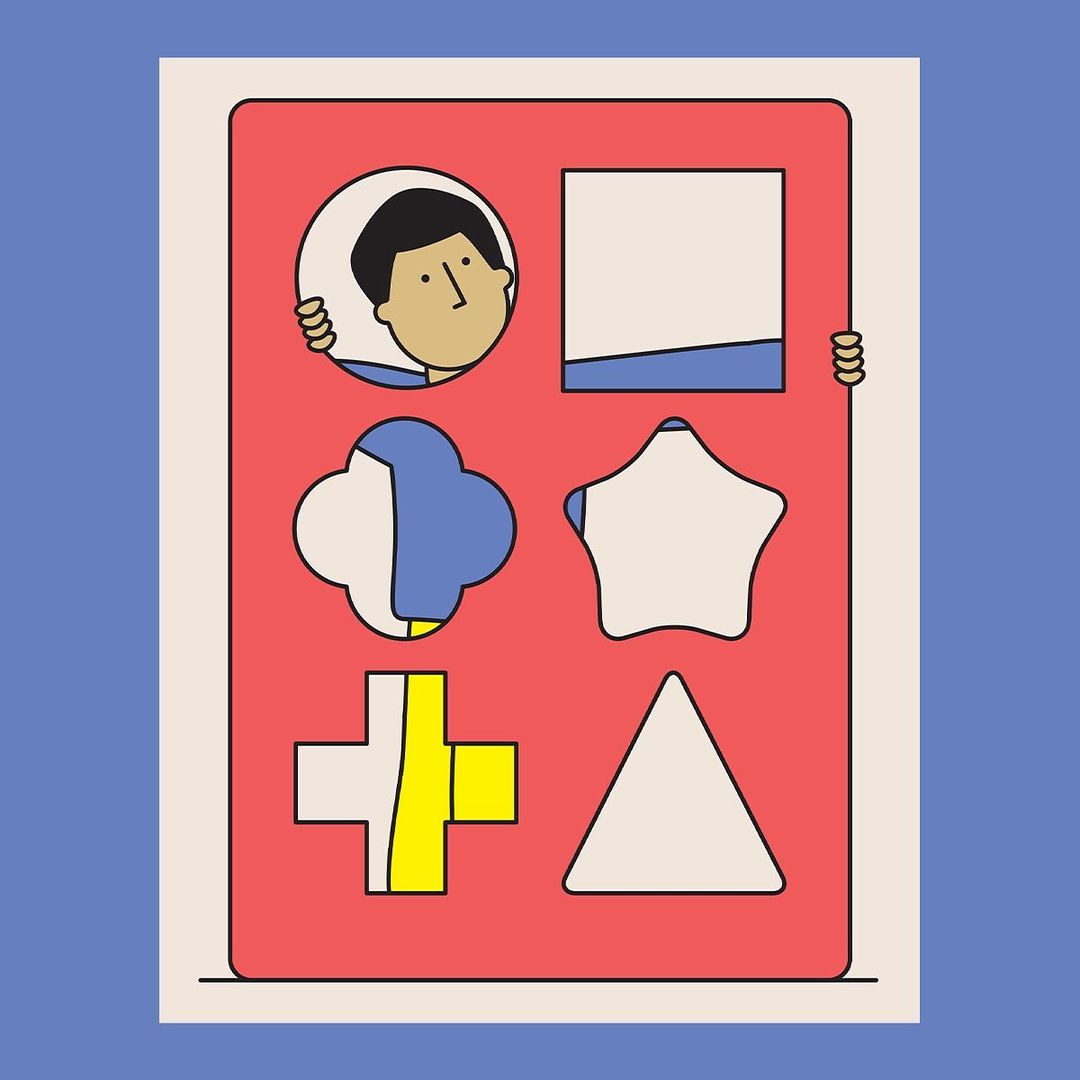 Illustration of a person's face peering out from behind a colorful geometric shape card against a light blue background.