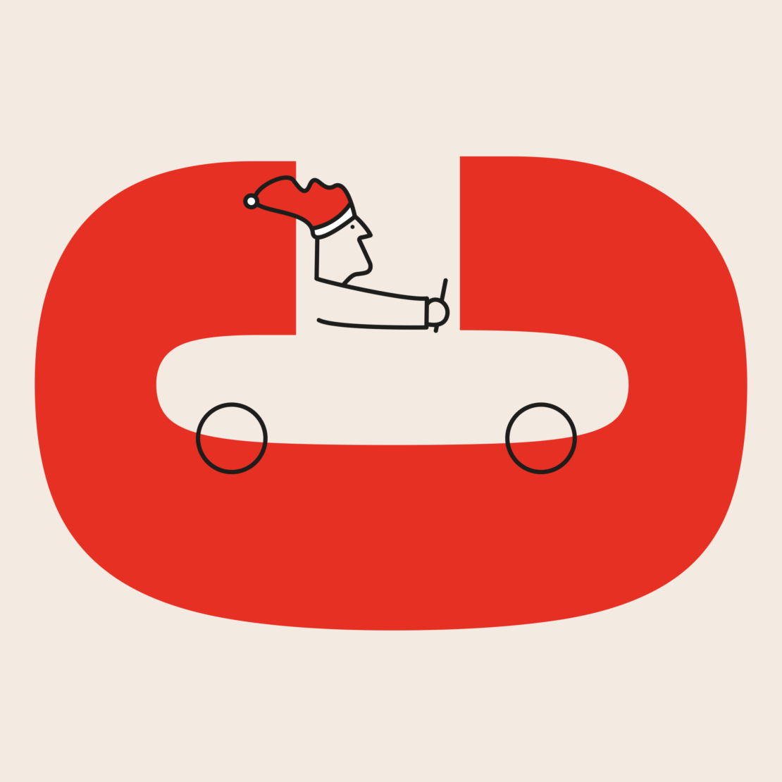 Illustration of a cartoon figure wearing a Santa hat driving a car, which is designed as a letter 'O' in red on a beige background.