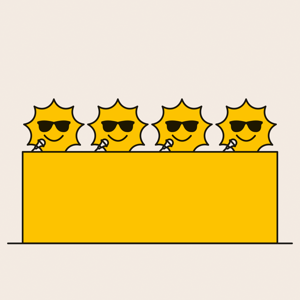 Four cartoon sun characters wearing sunglasses and holding microphones behind a yellow stage or barrier, against a cream background.