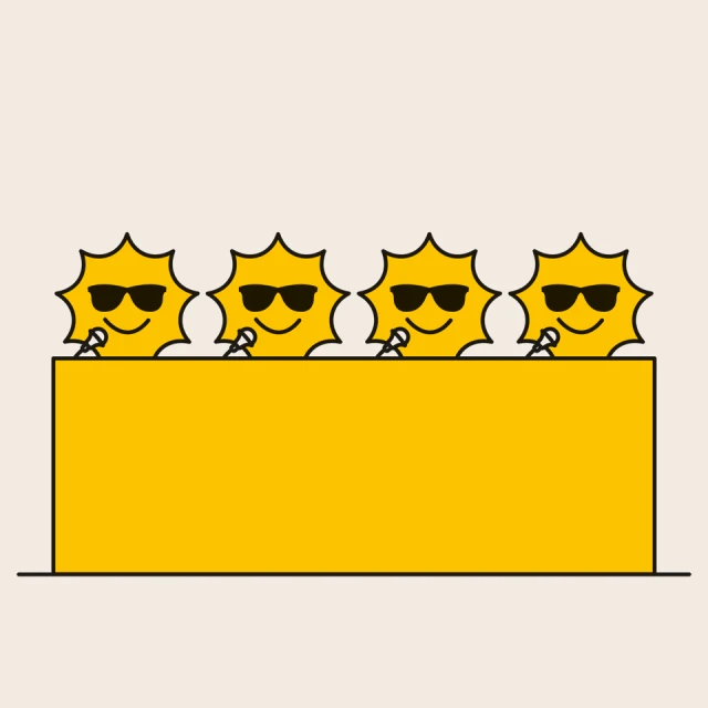 Four cartoon sun characters wearing sunglasses and holding microphones behind a yellow stage or barrier, against a cream background.