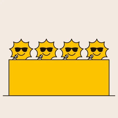 Four cartoon sun characters wearing sunglasses and holding microphones behind a yellow stage or barrier, against a cream background.