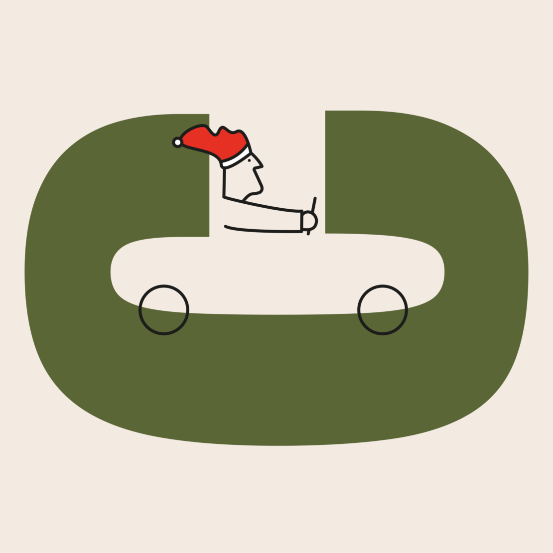 Cartoon illustration of a man in a Santa hat driving a green, car-shaped letter 'G' against a light beige background. 