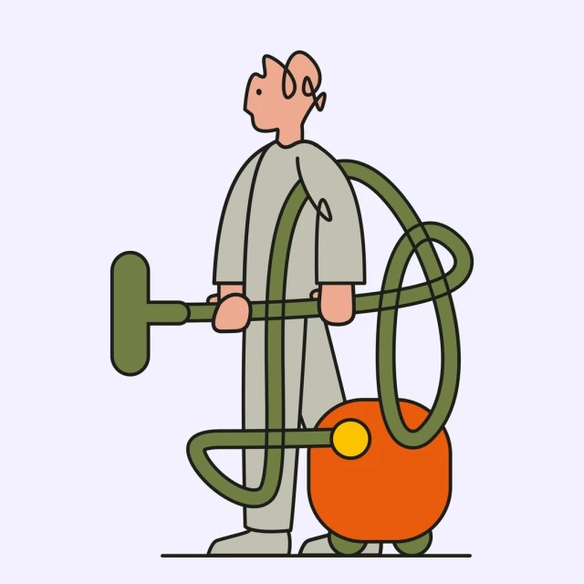 Illustration of a person in a grey jumpsuit vacuuming with an orange canister vacuum cleaner on a light purple background.
