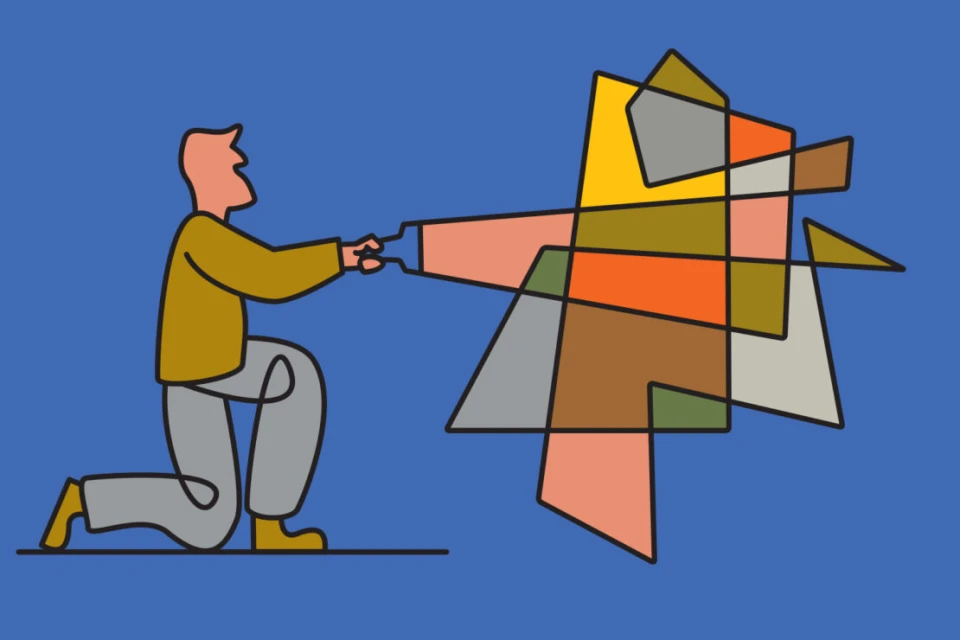 Illustration of a person kneeling and connecting with an abstract geometric design on a vibrant blue background, minimalist style.