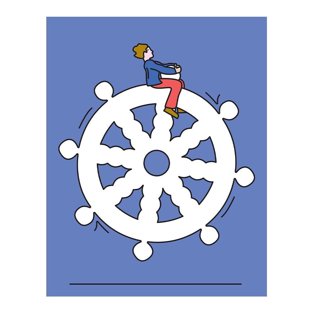 Illustration of a person sitting atop a white ship's wheel against a blue background, rendered in a graphic, outlined style.