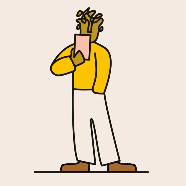 Stylized illustration of a person in a yellow sweater and white pants holding a card, against a cream-colored background.
