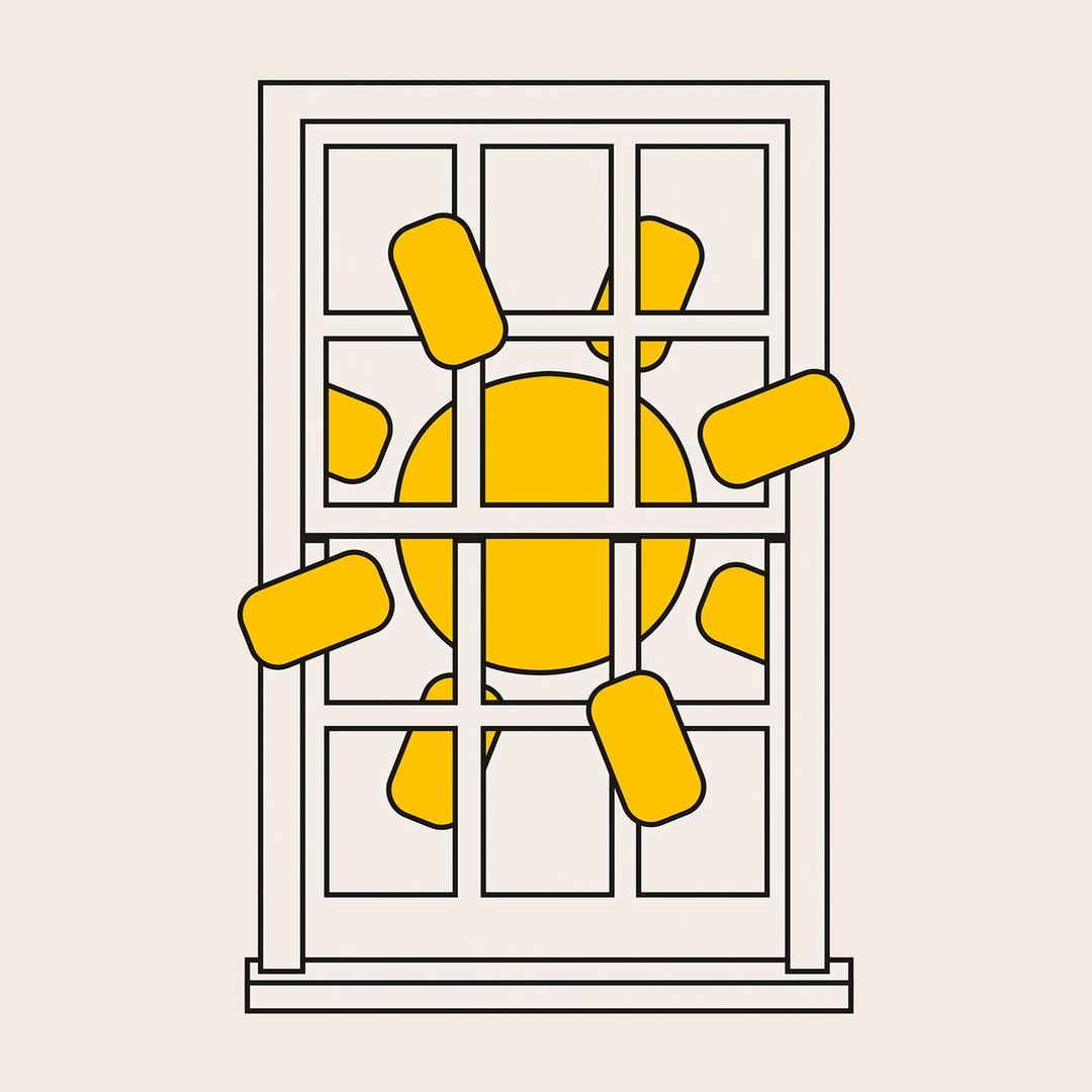 Stylized illustration of a white-framed window with a yellow sun and rays visible through the panes, set against a neutral background.