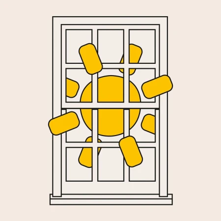 Stylized illustration of a white-framed window with a yellow sun and rays visible through the panes, set against a neutral background.