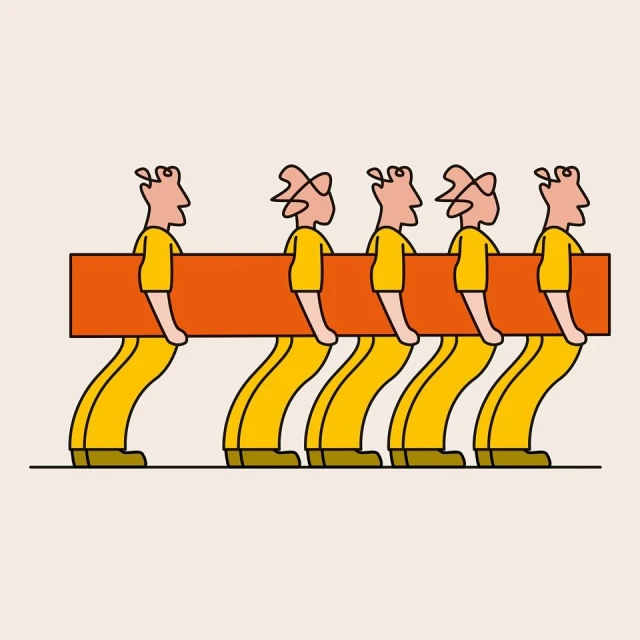 Illustration showing five cartoon-style figures in yellow outfits carrying a horizontal orange rectangle on a beige background.