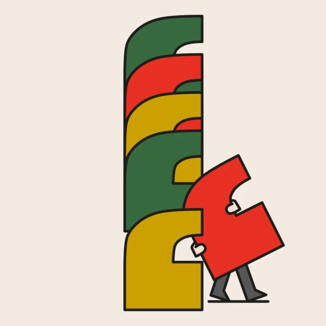 Illustration of a figure pushing a red letter to complete a stack of olive green, red, and gold letterforms on an off-white background.
