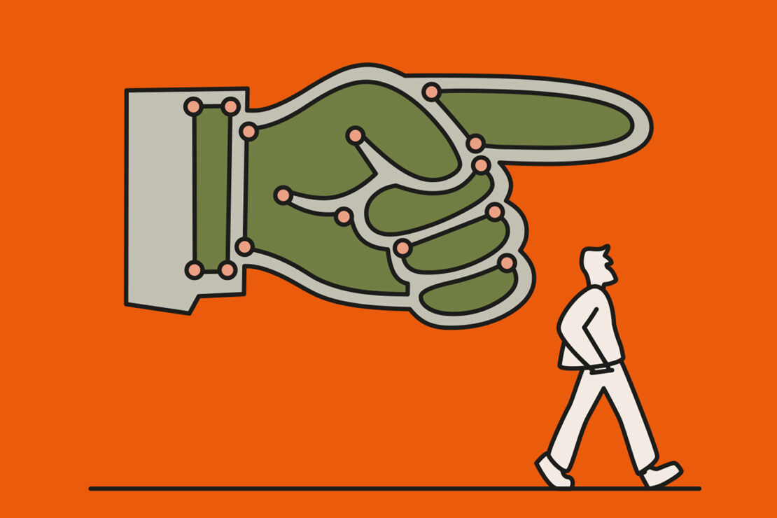 Illustration of a large, stylized hand pointing towards a person walking, set against a vibrant orange background. Vector art.