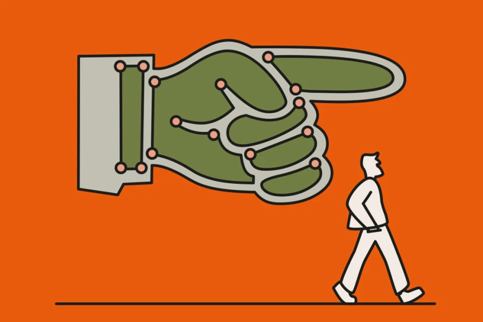 Illustration of a large, stylized hand pointing towards a person walking, set against a vibrant orange background. Vector art.