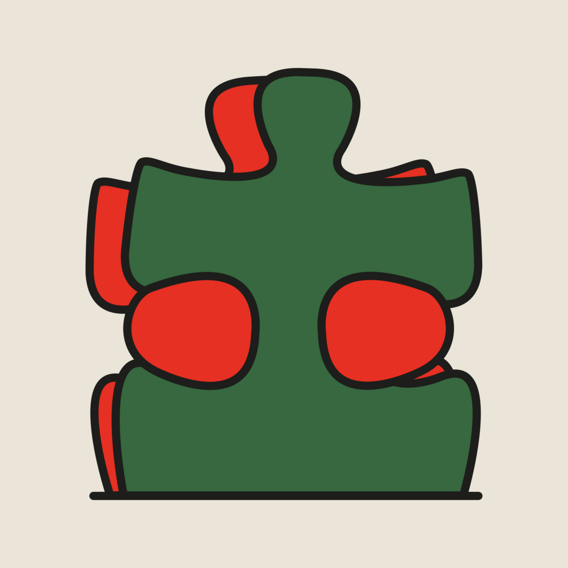 Illustration of a green and red jigsaw puzzle piece with black outlining on a tan background, connecting teamwork, and problem-solving.