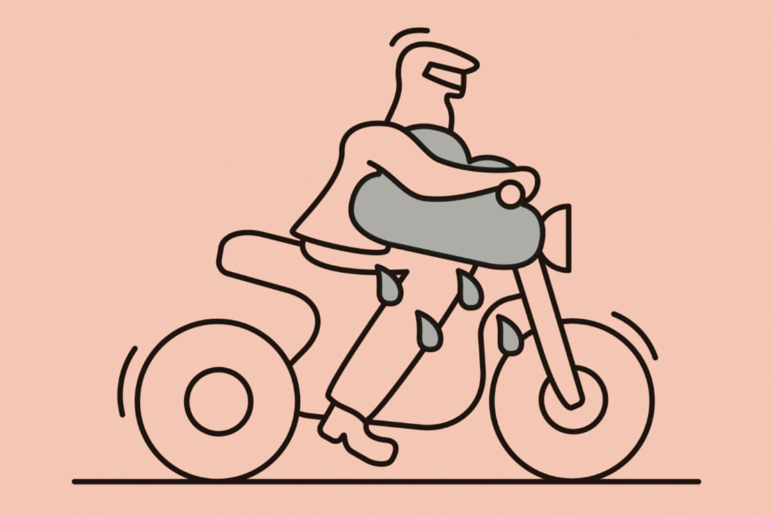 Illustration of a person riding a motorcycle on a peach background, showcasing clean lines and a stylized depiction of movement.