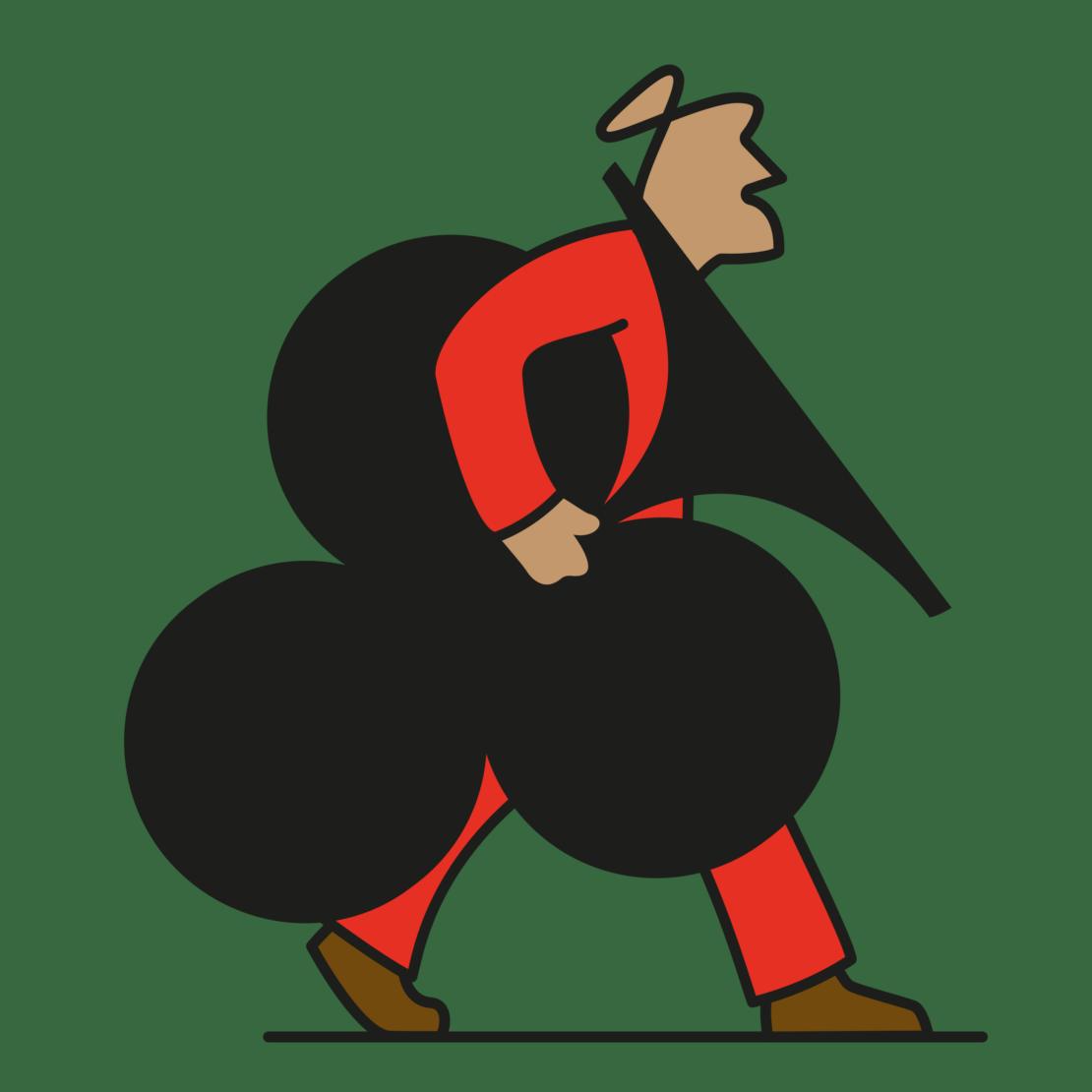 Illustration of a cartoon man walking and carrying a large black club symbol against a green background in a simple graphic style.