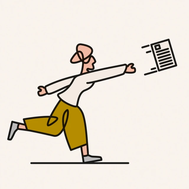 Line drawing of a woman running and throwing a document. The illustration features a minimalist style on a beige background.