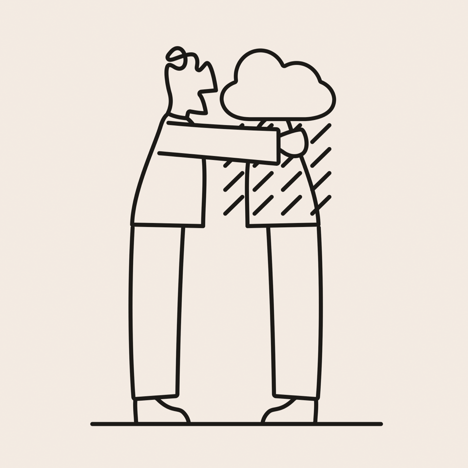 Illustration of one person comforting another who is under a rain cloud, depicted with simple black line art on a beige background.