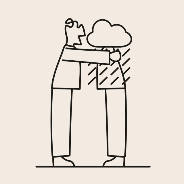 Illustration of one person comforting another who is under a rain cloud, depicted with simple black line art on a beige background.