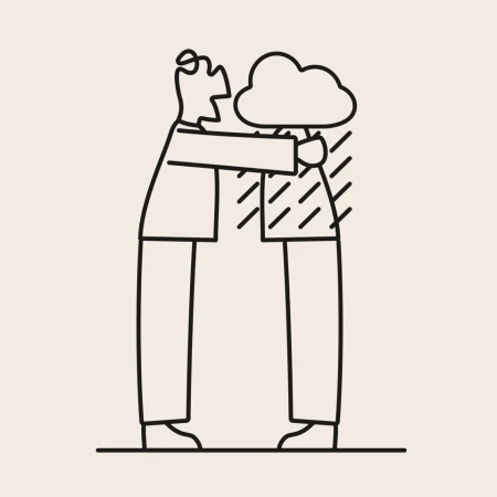 Illustration of one person comforting another who is under a rain cloud, depicted with simple black line art on a beige background.