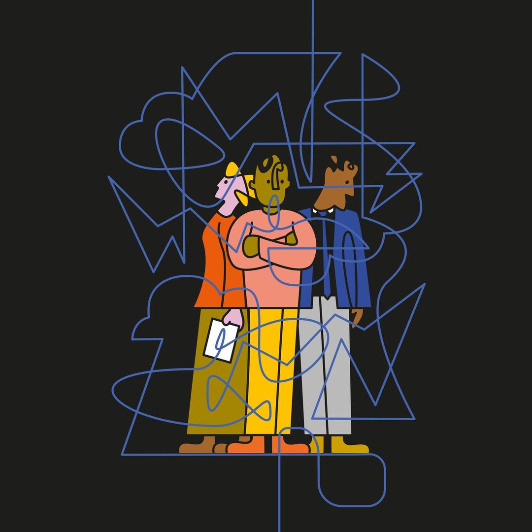 Illustration of three standing cartoon-style people, each a different skin tone, in front of a dark background with light-blue line drawing.