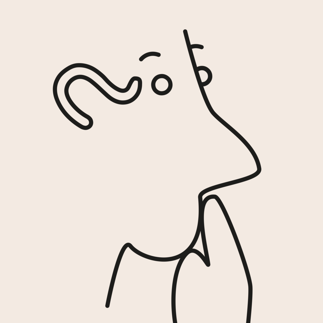 Line art graphic of a person with finger on lips against a beige background; simple yet intriguing illustration.
