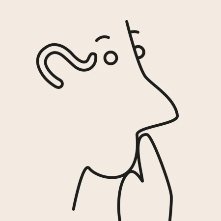 Line art graphic of a person with finger on lips against a beige background; simple yet intriguing illustration.