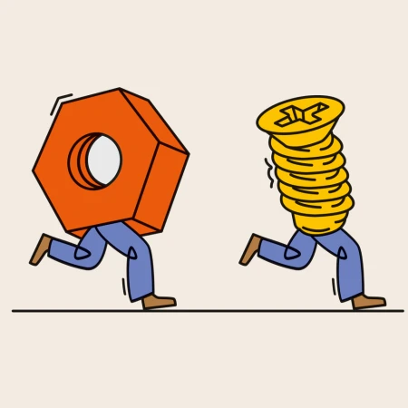 Illustration of a cartoon hexagonal nut and a screw with legs running across a pale background.