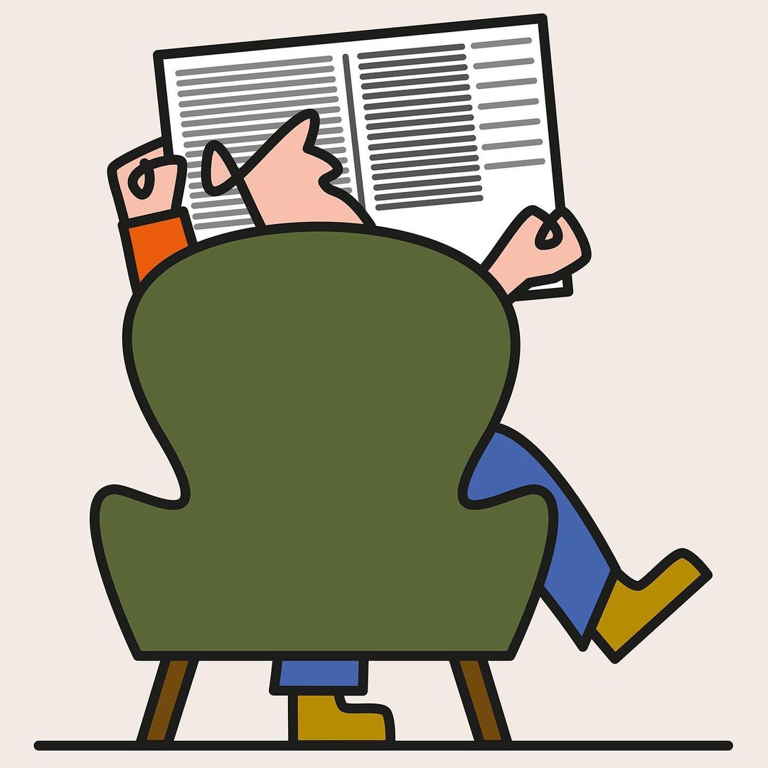 Illustration of a man reading a newspaper while relaxing in a green armchair, set against a neutral background in a cartoon style.