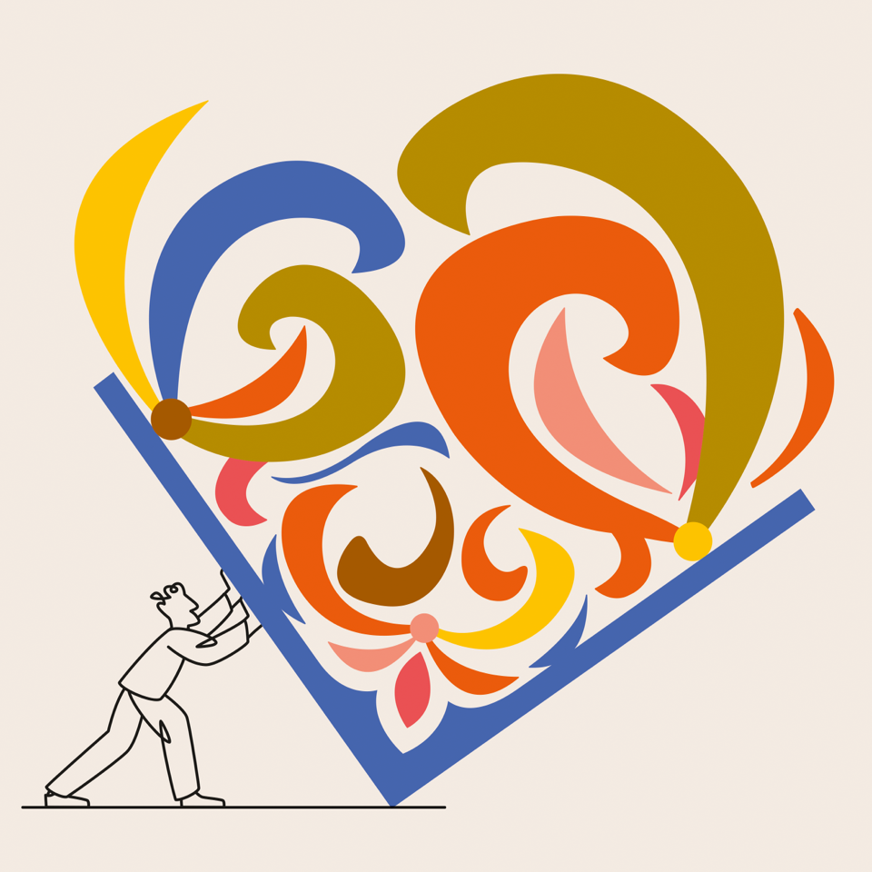 Stylized illustration of a man pushing a large heart shape filled with colorful swirls and geometric shapes on a cream background.