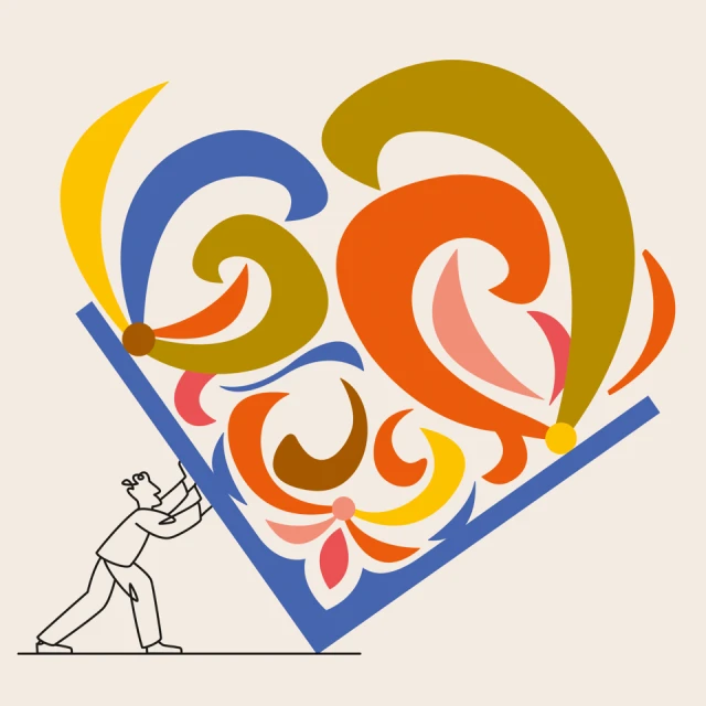 Stylized illustration of a man pushing a large heart shape filled with colorful swirls and geometric shapes on a cream background.